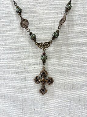 Bronze Filigree Cross Green iridescent Sparkling Bead Chain Statement  Necklace